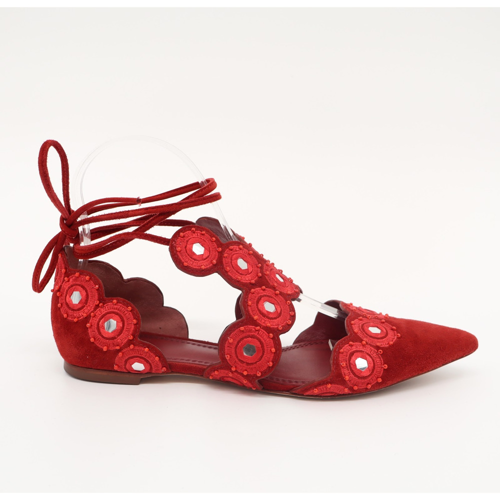 Tory Burch Sz 6M Suede Yasmin D'Orsay Point Toe Flat Red Embroidery Beads - Picture 6 of 11